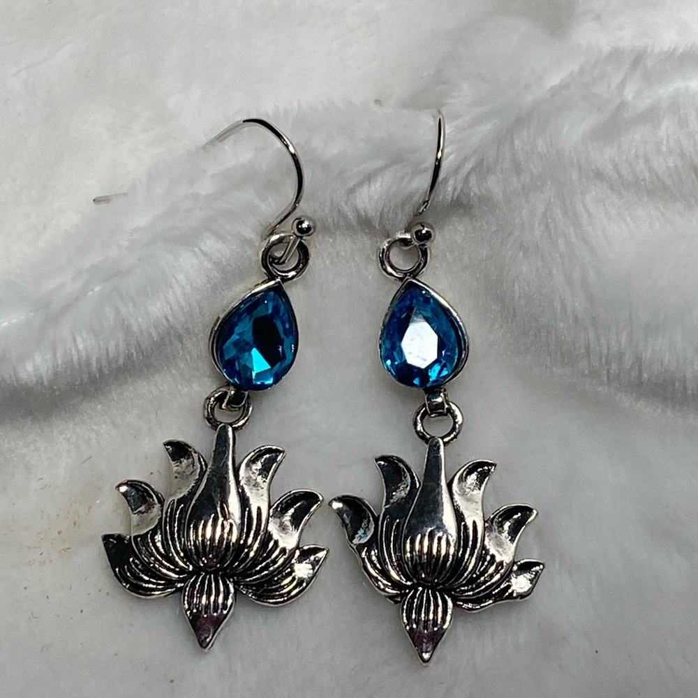 Sterling Silver Lotus Jewelry Dangle Lotus Earrings With Blue Teardrop Faux Gem